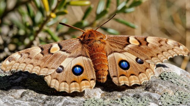 Magnificent Moth Resting on a Rock With Detailed Wing Pattern and Intricate Eye Spots Close Up