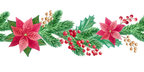 Watercolor christmas seamless border with festive holiday poinsettia flower garland. Hand drawn winter fir branch holly leaf berry pattern isolated on element background. Clipart object item. © Mariia