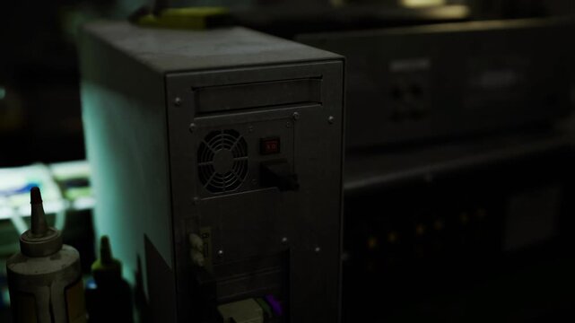Industrial electronics module on dark bench with heat sinks and connectors, modular units and labels visible, lowkey factory or lab setting for testing