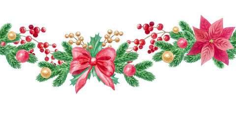 Watercolor christmas seamless border with festive holiday poinsettia flower ribbon bow garland. Isolated hand drawn winter fir branch holly leaf berry pattern line. Repeatable element design. © Mariia