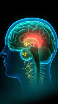 A detailed rendering of a human brain with surrounding anatomy.