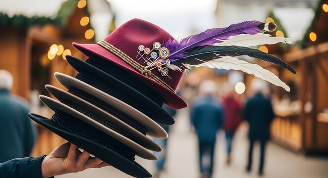 Hand holding a stack of fedora hats