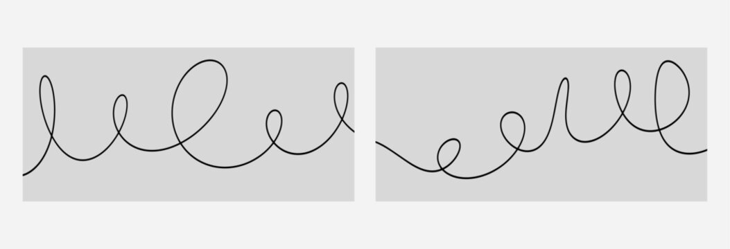 Black squiggle cable lines, wavy and curvy stroke. Wiggly irregular long element isolated on grey background, vector illustration.