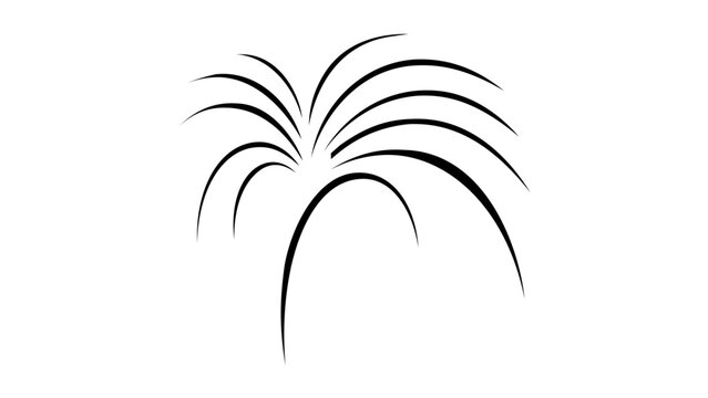 Bold black fireworks fountain vector icon with sweeping curved trails, minimalist pyrotechnic illustration for celebration branding, festival signage, party invitations, holidays, and decor