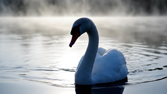 Majestic white swan gliding through misty morning waters on a tranquil lake