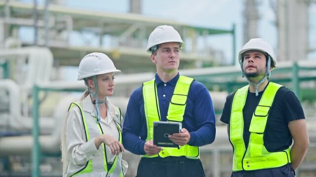 Group of engineers working together at a construction site wearing safety equipment and utilizing advanced technology
