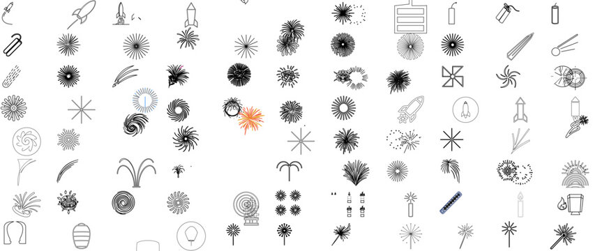 Fireworks and Pyrotechnics 2 vector icon set, 88 flat minimalist bottle rockets, firecrackers, comets, chrysanthemum and peony bursts in one EPS for celebrations, New Year, festival, holiday designs