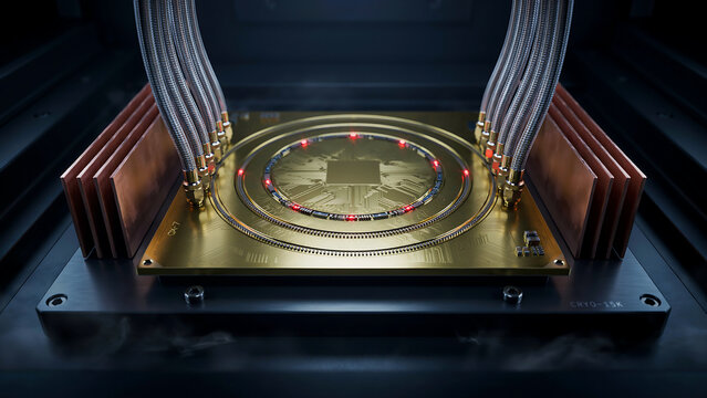 Quantum processor chip with gold cooling assembly and glowing red light nodes