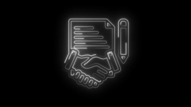 Neon handshake agreement document and pencil icon glowing on black background for business