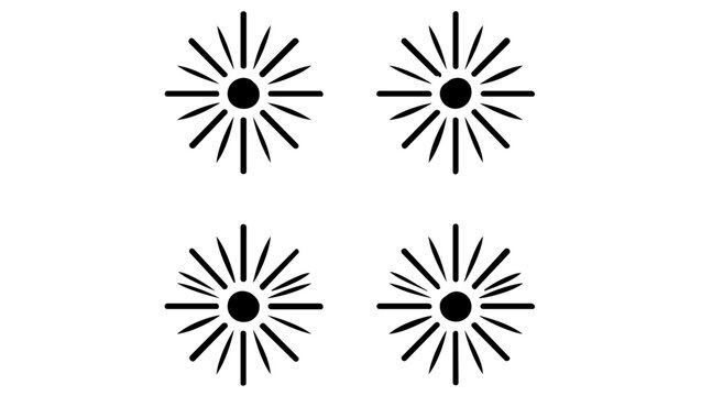 Roman candle firework burst minimalist vector icon set with clean black line illustration, radiant spark shapes for pyrotechnic celebration, festival party design, holiday signage, and New Year decor