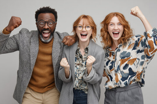 Triumphant Trio: Three excited friends, a man and two women, with arms raised in victory and joyful expressions, share a moment of pure elation and accomplishment.