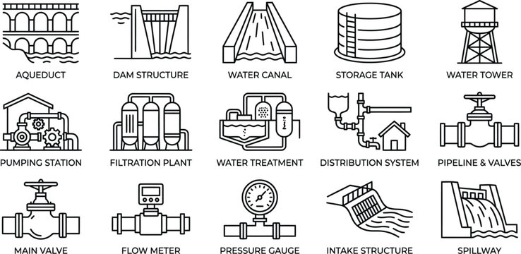 Water infrastructure icons on isolated on transparent background silhouette