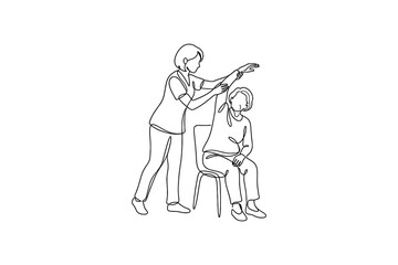 Obraz premium Continuous one line drawing of physical therapist helping senior woman with arm rehabilitation exercise.