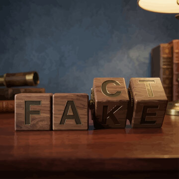 Wooden blocks spell fake on a desk with books and a telescope