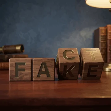 Wooden blocks spell fake on a desk with books and a telescope