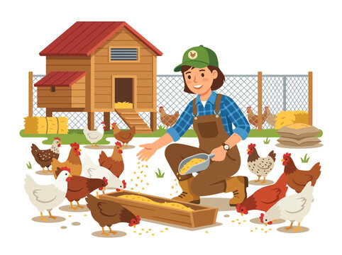 A person feeds chickens on a farm with a coop and fenced yard nearby daily