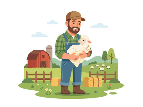 A farmer holds a lamb in a green field with a barn behind him.