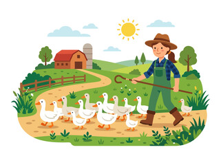 A farmer leads geese along a dirt path on a sunny farm with a barn and green landscape. © OSTI