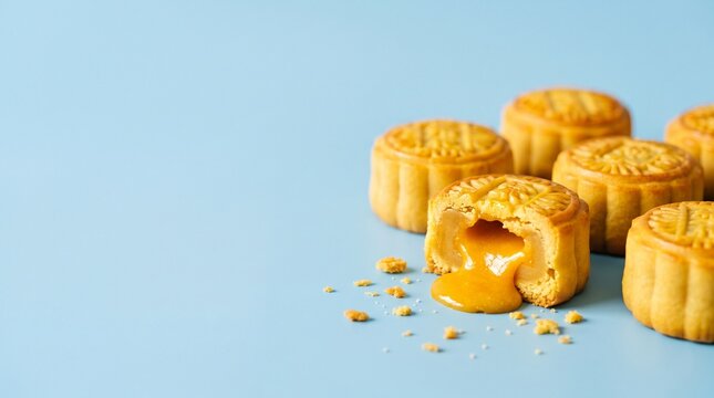 Gourmet Custard Lava Mooncakes with Melting Salted Egg Yolk Filling on Light Blue Background, Festive Mid-Autumn Celebration Dessert, Professional Commercial Studio Food Photography