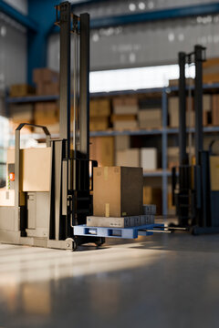 3D warehouse forklift pallet with box in storage aisle
