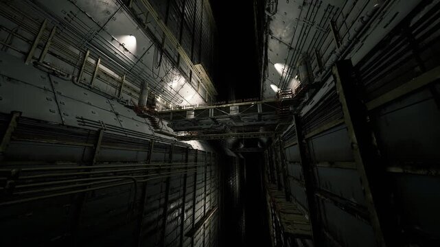 Illuminated service platform with walkway and inspection points, focused fixtures reveal bolts and panels, maintenance scenario suggested by tools and access