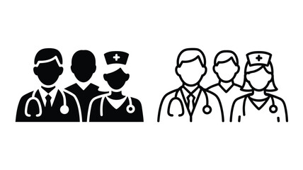 Medical team icon set with doctor nurse and practitioner avatars in outline and solid glyph style vector illustration isolated © Atikul