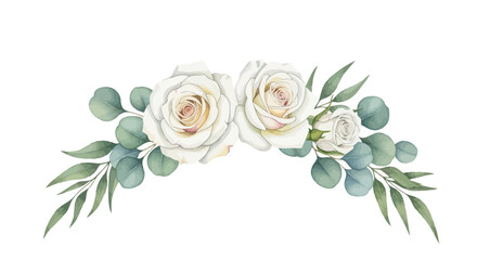 Watercolor white rose bouquet, eucalyptus leaves arrangement, floral wreath border, green foliage decoration © Dylan