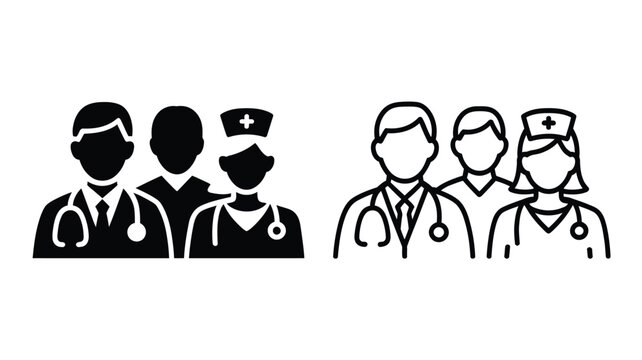 Medical team icon set with doctor nurse and practitioner avatars in outline and solid glyph style vector illustration isolated
