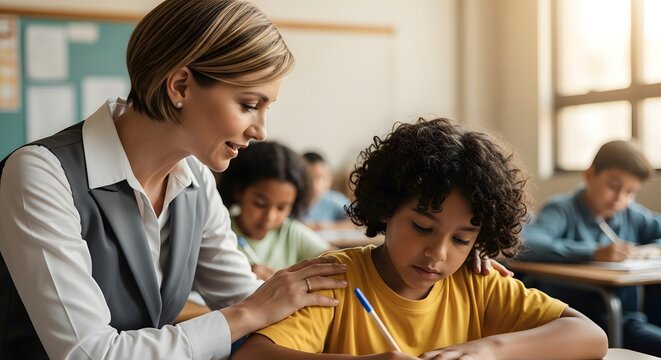 Teacher supporting student during lesson in classroom