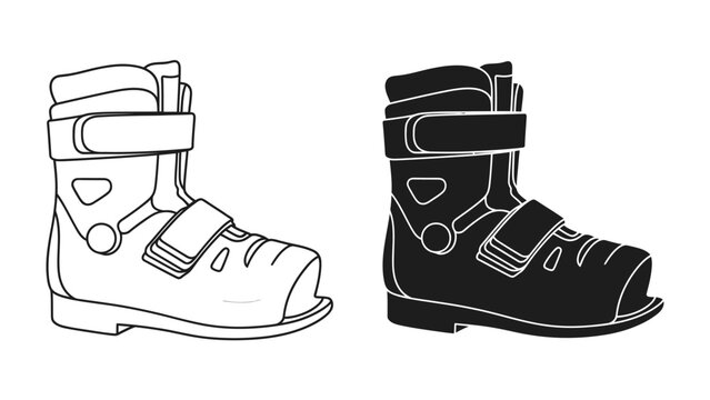Ski Boot Illustration: A detailed line art illustration showcasing a ski boot in both outline and silhouette form, highlighting its design and functional features for winter sports.