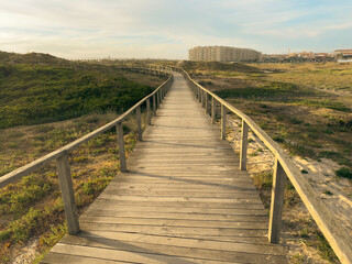 Obraz premium Wooden Boardwalk Path Through Scenic Dunes in Furadouro