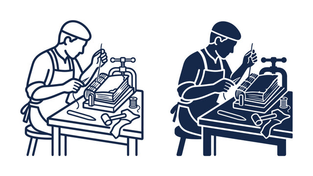 Bookbinder at Work: An artisan meticulously stitches together book pages, showcasing the traditional craft of bookbinding.