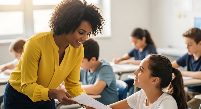 Female teacher helping student in classroom