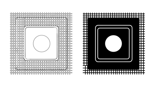 Abstract Geometric Forms: Two minimalist square frames, each containing a central circle, presented in contrasting white and black designs against a textured grid background.