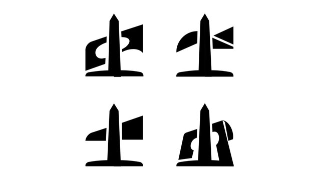 Washington Monument patriotic flag vector illustration, bold black landmark icon set with obelisk and waving banner shapes for American heritage, memorial travel, civic pride, and holiday graphics