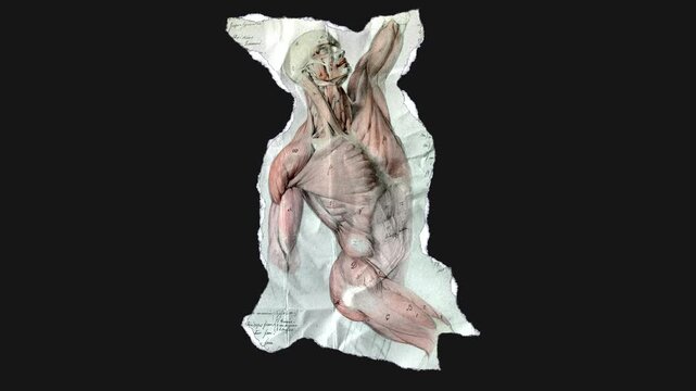 A drag and drop vintage anatomical themed illustration that animates into place from torn paper.
