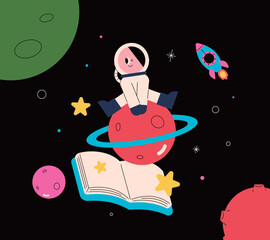Astronaut sitting on planet in space with open book and rocket
