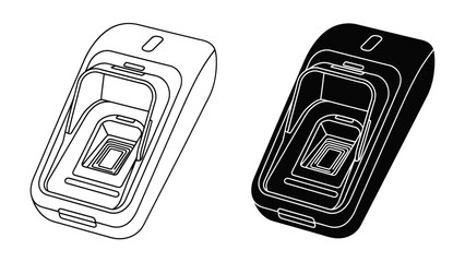 Fingerprint Scanner Device Comparison: A minimalist illustration presents two side-by-side representations of a fingerprint scanner device, one in outline and the other in solid black. © hasnat