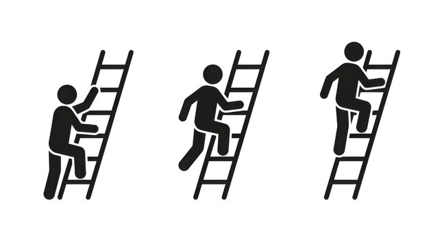 Three people climbing ladder in different styles on white background