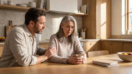 Obraz premium Menopause Anxiety Conversation With Partner At Modern Kitchen Table
