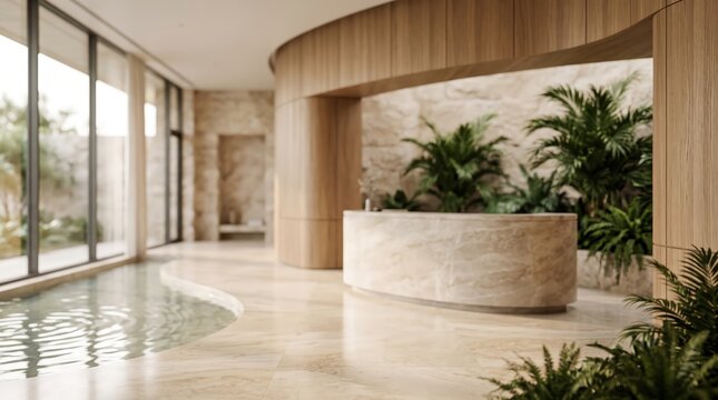 Luxury spa wellness center interior design marble reception desk indoor pool tropical plants wooden architecture minimalist hotel lobby resort