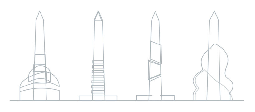 Washington Monument minimalist line vector icon set with clean patriotic architecture, sleek obelisk outlines for United States travel, history, civic memorial branding and educational illustration