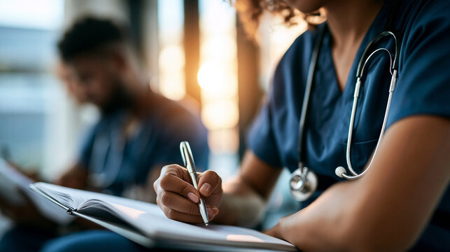Two faceless nursing students in navy scrubs reviewing notes together by a bright sunlit window soft daylight and clean interior distant composition medical education study