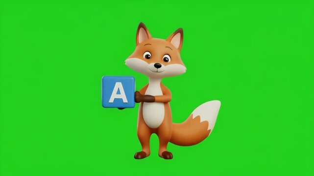 Animated fox character with alphabet block during a clean green screen presentation
