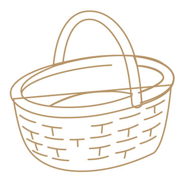 Elegant open picnic basket illustration with sweeping tan linework, tall handles and rounded rim, made for BBQ dining themes, park picnics, summer food events, invitations, labels and web graphics