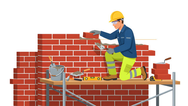 bricklayer construction worker building a red brick wall using trowel and mortar wearing safety gear on white background