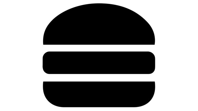 Compact black hamburger vector icon in bold flat silhouette, minimalist bun and patty illustration for BBQ picnic dining, fast food menus, snack bars, packaging, apps, labels, stickers