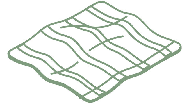 Folded picnic blanket vector icon with green minimalist line illustration, cozy mat for BBQ dining, park lounging, garden lunch, summer outing, clean scalable outdoor leisure design