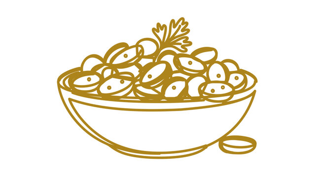 Golden line potato salad bowl vector illustration, rustic picnic side dish icon with sliced potatoes and herb garnish for BBQ cookout, potluck table, summer lunch, deli menu and catering