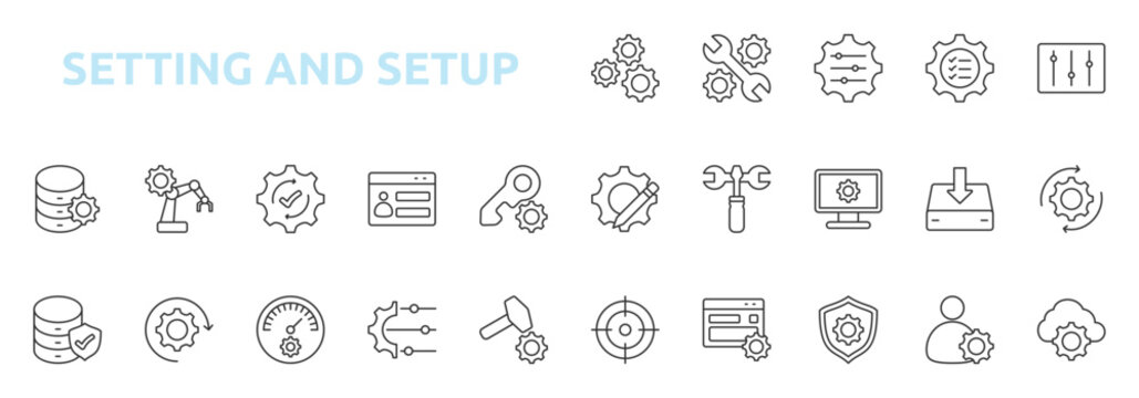 Setting and Setup icon set glyph style with configuration, preferences, controls, customize, tools, system setup, installation, update icons